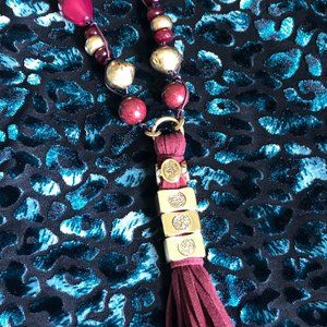 Long Beaded Burgundy Antique Gold Necklace with Suede Tassel Opera Length 18inch